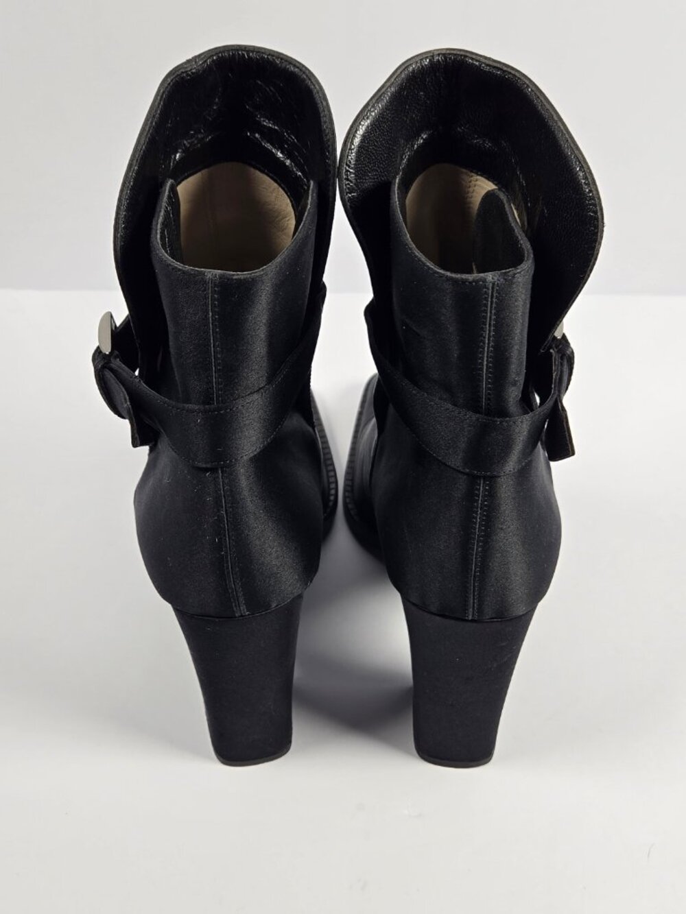 Chanel Vintage Black Satin Ankle Boots Block Heel Buckle Square Toe CC Logo - Picture 6 of 6